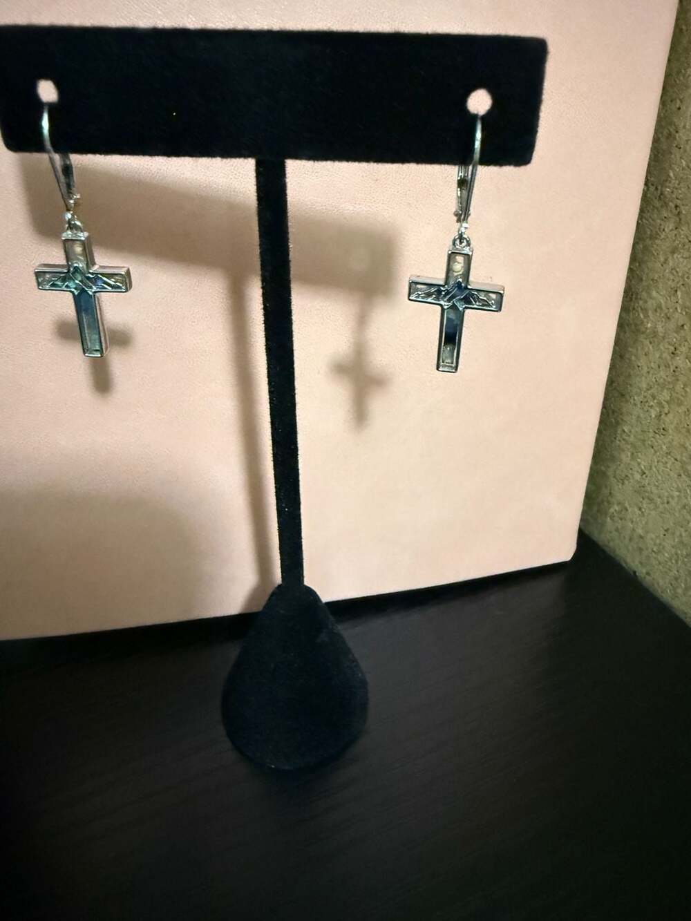 Sterling Silver Abalone Shell Cross Dangle Leverback Earrings S925
